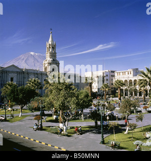 geography / travel, Peru, Arequipa, squares, main square with cathedral and Misto volcano in the background, Additional-Rights-Clearance-Info-Not-Available Stock Photo