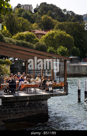 Waterfront restaurant terrace on lake Como in Bellagio (hotel splendid) Stock Photo