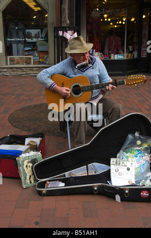 Guitar playing street musician with harmonica and open case with donations. Editorial use only. Stock Photo