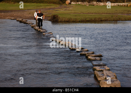 River Ogmore Stepping stones across river by Ogmore Castle Pembrokeshire Stock Photo