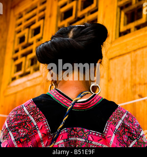 Long hair Yao women in the amazing rice terraces of LongJi in Guangxi China Stock Photo