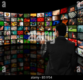 Gallery of global video media communication channels or photography on a curved wall Stock Photo