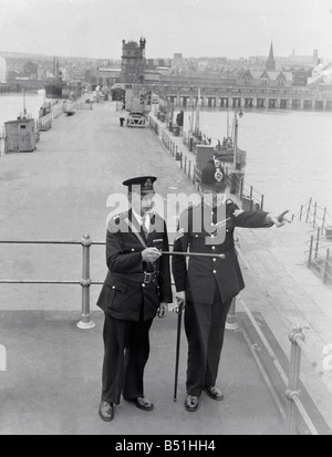 World's smallest police force - The five man Isle of Man harbour Police. Inspector Reginald Wood and Sgt, Benjamin Chapman on Douglas Harbour Control Bridge.;1949;018676/2 Stock Photo