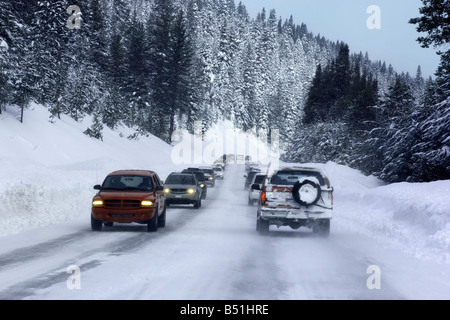 Traffic on Snowy Mountain Road, Lake Tahoe, California, USA Stock Photo