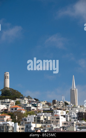 Coit Tower on Telegraph Hill (TransAmerica Pyramid in the background), San Francisco, California Stock Photo