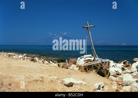 View Tsilivi beach with old fishing boat, Zakynthos, Greece Stock Photo