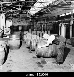 A barrel inspector at work at Hancock's Brewery in Cardiff. July 1952 C3603-001 Stock Photo