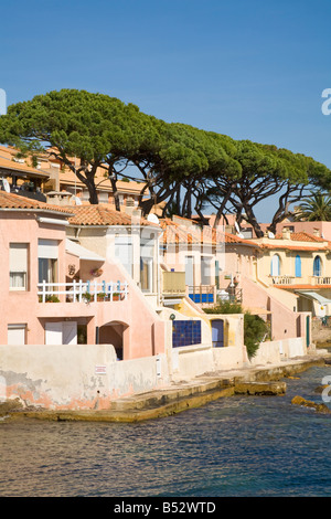 Residential houses and stone pines stand at the edge of the Mediterranean Sea on the Cote d'Azur / Provence / Southern France Stock Photo