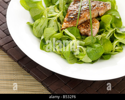 Freshly Cooked Healthy Spicy Tuna Steak With A Chilli Crust And A Mixed Green Salad With No People Stock Photo