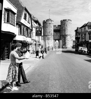 Westgate towers and Falstaff Inn, in Canterbury Kent. October 1952 C4984- Stock Photo