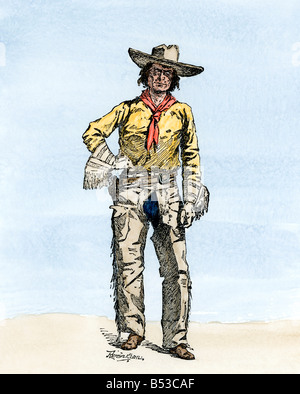 A Texas cowboy 1800s. Hand-colored woodcut of a Frederic Remington illustration Stock Photo