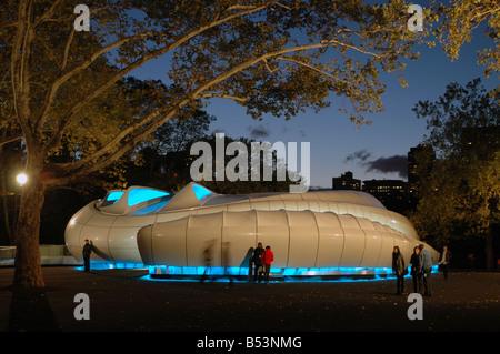 Mobile art by Chanel - Contemporary Art Container by Zaha Hadid in Manhattan New York City during twilight in Central Park Stock Photo