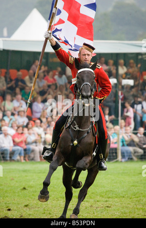 Galloping British Mounted Armed Forces, the Musical Ride of the Household Cavalry Regiment army horse display, Chatsworth Country Park, Derbyshire. Stock Photo