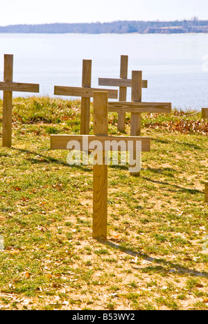 Virginia Historic Jamestowne jamestown landing replica crosses cemetery graveyard first settlers 1607 Stock Photo
