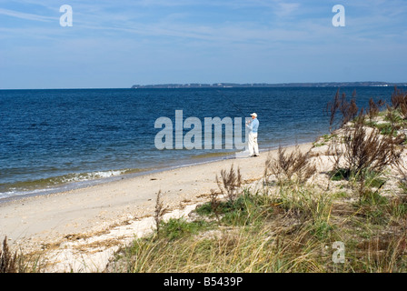 man fishing, Long Island Sound, Smithtown NY Stock Photo