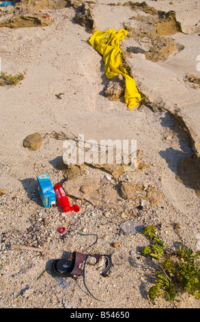 Plastic rubbish dumped on beach near Ayia Napa on the Mediterranean island of Cyprus EU Stock Photo