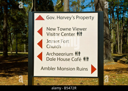 Virginia Historic Jamestowne jamestown landing direction sign new towne ambler mansion fort james Stock Photo