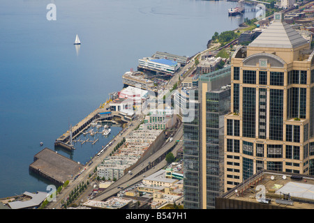 Sailboat in Elliot Bay off Waterfront District of Seattle, Washington, USA Stock Photo