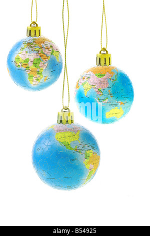 Three Christmas globe ornaments showing all continents on white background