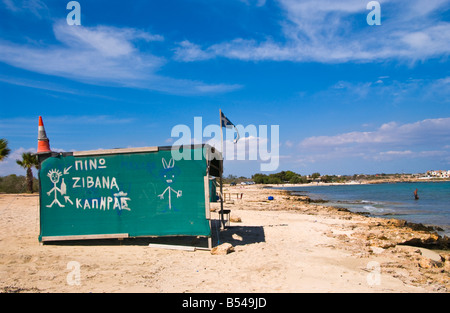 Local Cypriot shade shacks on the beach near Ayia Napa on the Mediterranean island of Cyprus EU Stock Photo