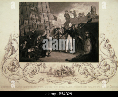 Engraved print: Admiral Nelson Receiving the Spanish Admiral's Sword on Board the San Josef, 14 Feb 1797 Stock Photo