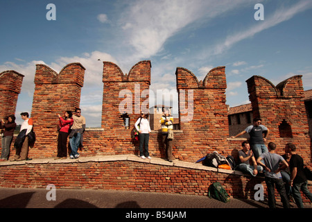 visitors at the Battlements of the Ponte Scaligero in Verona Italy Stock Photo