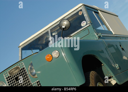 Close up of a freshly restored 1968 Land Rover Series 2a front with an age related black UK number plate. Europe, UK, England. Stock Photo