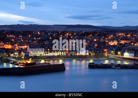 Night view of the former fishing harbour and town of Stonehaven in Aberdeenshire, Scotland, UK Stock Photo