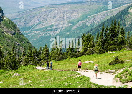 hikers on Highline Trail at Logan Pass in Glacier National Park Stock Photo