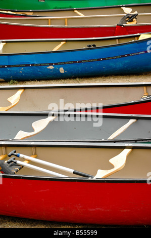 Rows of colourful canoes lined up. Stock Photo