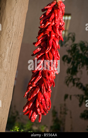 Ristra of Red hot chili peppers hanging in a group in Santa Fe New Mexico Stock Photo