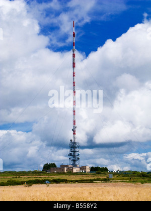 Large transmitter - communications tower structure and complex on a hilltop near Commana, Brittany, France Stock Photo