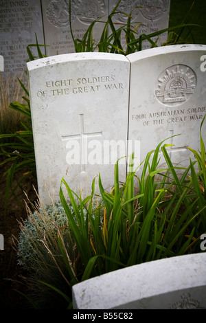 Mass grave burial for eight soldiers Tyne Cot British War Memorial cemetery Belgium Stock Photo