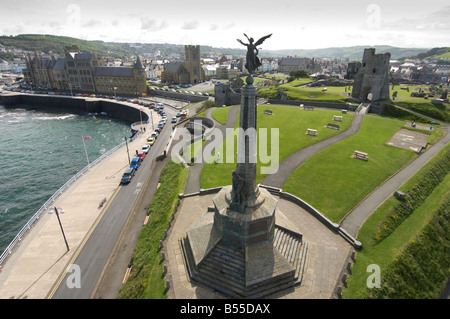 birds eye view of Aberystwyth town university war memorial promenade and castle taken from elevated platform, wales UK Stock Photo