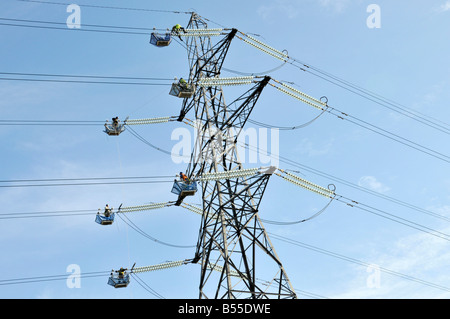 Engineers working on overhead power lines Stock Photo