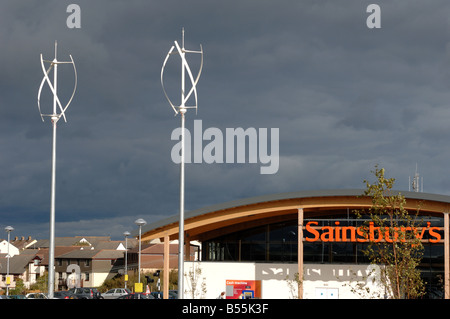 Vertical Axis wind turbines outside Sainsburys supermarket in Dartmouth Devon Stock Photo