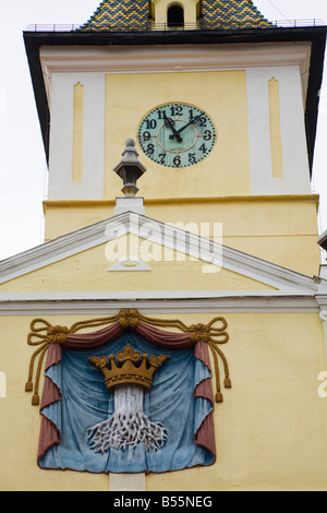 Brasov Transylvania Romania Europe Trumpeters Tower and clock on 15th century Old City Hall Casa Sfatului Stock Photo