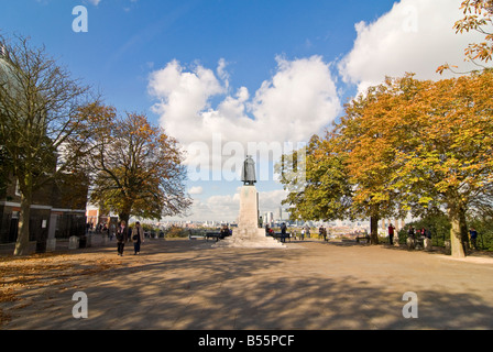Horizontal wide angle of Greenwich Park with the Royal Observatory and a statue to commemorate the life of General James Wolfe. Stock Photo