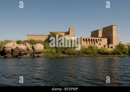 The temple of Isis from Philae at its current location on Agilkia Island in the reservoir of the Old Aswan Dam along the Nile River in southern Egypt Stock Photo
