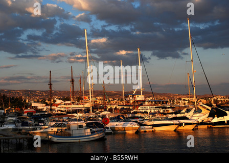 Sailing ships in evening light in the port at Paphos Cyprus Europe Stock Photo