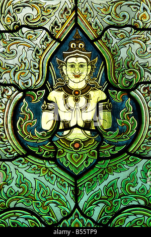 Stained glass window in Wat Benchamabophit temple, Bangkok, Thailand Stock Photo