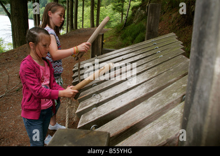 Girls playing large wooden xylophone Stock Photo