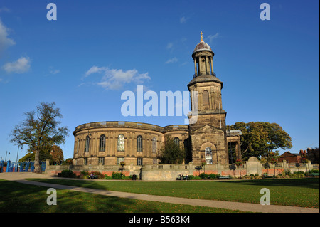 St Chad's Church against a blue sky in taken from Quarry Park in Shrewsbury, Shropshire Stock Photo