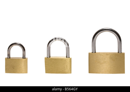 Three padlocks of different size isolated on white Stock Photo