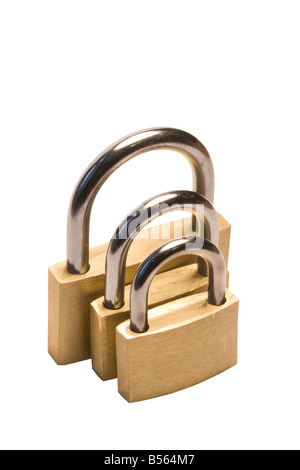 Three padlocks of different size isolated on white Stock Photo
