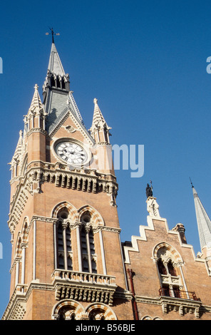 St Pancras Station, Midland Grand Hotel, detail of upper part of clock tower and east elevation. Stock Photo