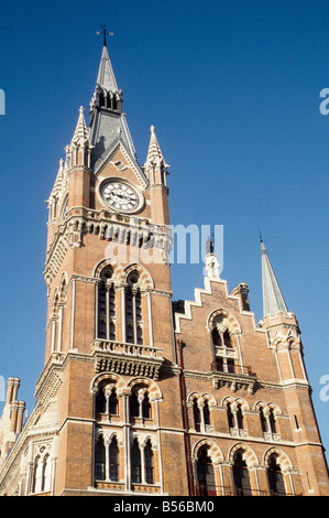 St Pancras Station, Midland Grand Hotel, detail of clock tower and east elevation. Stock Photo