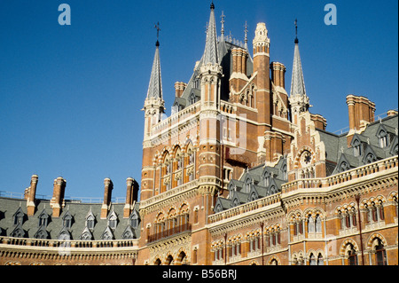 St Pancras Station, Midland Grand Hotel, detail of top of the tower above coach entrance and adjacent roofs, from the SE Stock Photo