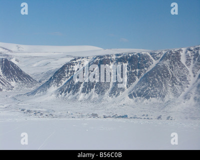 Aerial view of the Community of Grise Fiord in Ellesmere Island in Jones Sound Ellesmere Island Nunavut Canada Arctic THe tiny h Stock Photo