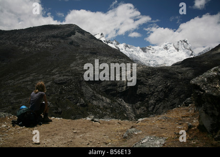 Woman Takes in the Mountains of the Cordillera Blanca, Parque Nacional Huascaran, Peru Stock Photo